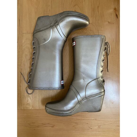 Rare! Hunter Sz 9 - 10 Verbier Lace Up Wedge Platform Rain Boots Titanium Gold - Picture 2 of 11